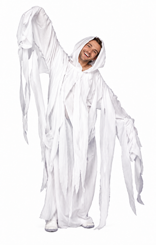 Adult ghost costume: white hooded robe with long tattered sleeves, worn by an adult