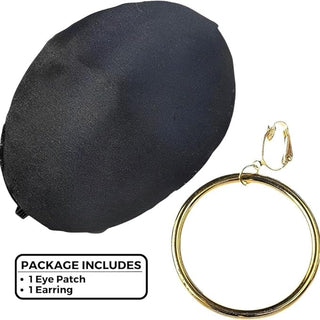 Gold Earring & Black Pirate Patch Set (Adult Size) Costume Accessories - Ideal for Theme Parties, Halloween & Cosplay Events