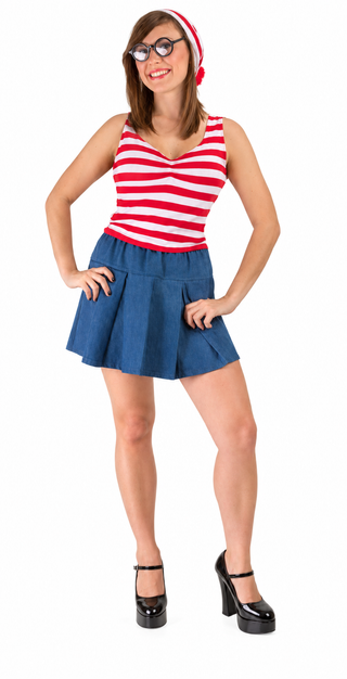 Women's red and white striped traveler costume with striped tank top, denim pleated skirt, pom-pom beanie and round glasses