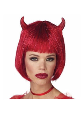 Adult Shimmer Red Devil Wig With Horns-COSTUMEISH