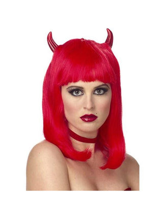 Adult Bright Red Devil Wig With Horns-COSTUMEISH