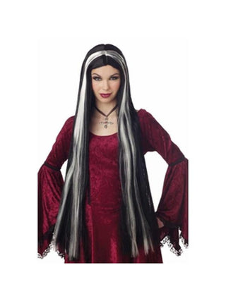 Adult Super Long Black Wig With White Streaks-COSTUMEISH
