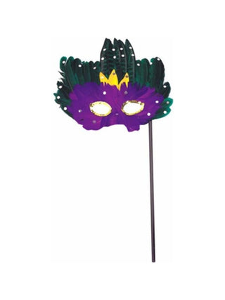 Adult Mardi Gras Feather Stick Mask-COSTUMEISH