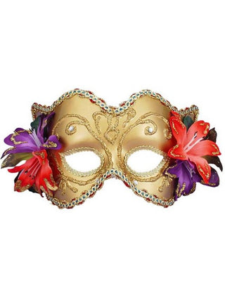 Adult Gold Venetian Half Mask With Flowers-COSTUMEISH